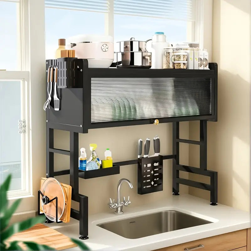 Hanging Dish Rack with Enclosed Cabinet and Shelves